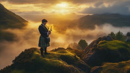 Fototapeta premium Scottish bagpiper in traditional tartan attire standing on a misty hill at sunrise, playing bagpipes