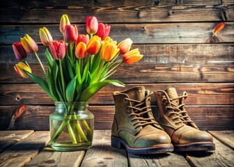 Wooden backdrop showcases a surreal blend: sturdy boots, trendy sneakers, vibrant tulips.