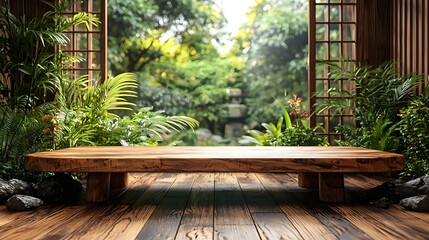 Obraz premium Minimalist Wooden Table in Serene Japanese Zen Garden with Bamboo Backdrop for Product Display