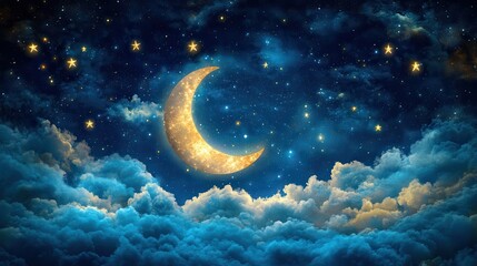 A golden crescent moon shines brightly amidst a starry night sky with fluffy blue clouds. Ideal for fantasy, dream, or night-themed projects.