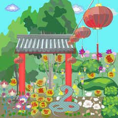 Chinese blessing lunar snake new year with auspicious words lucky, wealthy, healthy, rich, wisdom, successful