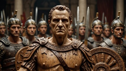 A bold wooden carving of Julius Caesar, depicted in full military regalia, surrounded by carved shields, swords, and Roman legions marching in the background.