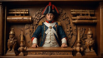 A bold wooden carving of Napoleon, depicted in his military uniform and hat, surrounded by carved cannons, the French eagle, and military standards.