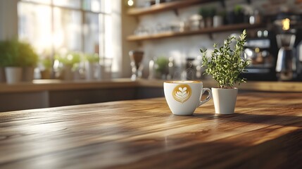 A steaming latte art coffee cup sits on a wooden table