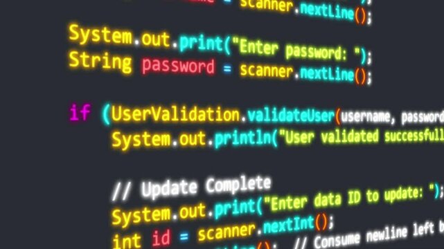 Coding scene animation, colorful glowing syntax code suitable for programming language illustrations, developer presentations and hacking scripts.