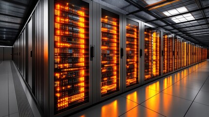 D illustration of a digital data center with glowing servers and virtual data networks.