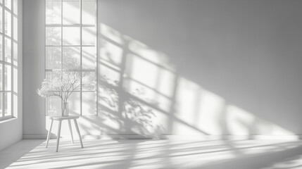 Minimalist white room interior with dramatic window shadows and tree silhouettes. Perfect for modern architecture, interior design, and minimalist lifestyle concepts.