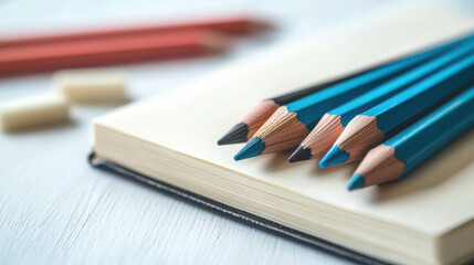 Close-Up of Creative Artist Workspace with Vibrant Colored Pencils and Notebook