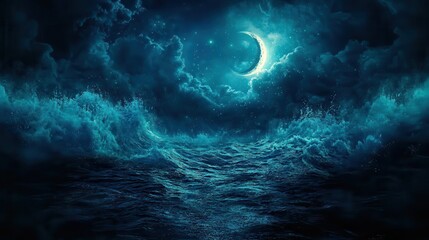 Fototapeta premium A mystical teal ocean scene under a crescent moon and starry night sky. Ideal for fantasy art, book covers, or phone backgrounds.