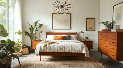 A mid-century modern bedroom with a teak dresser and a Sputnik chandelier.