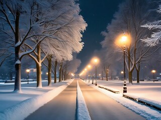 A Winter Season with Stark arboreal sentinels weather a delicate snow shower