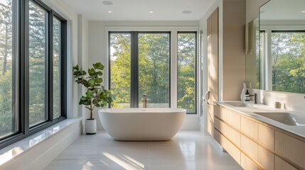 A minimalist bathroom with a freestanding bathtub and large windows.
