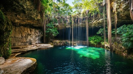 Naklejka premium Hidden Cenote with Emerald Water and Cascading Waterfall