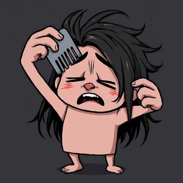 Cavekid's Bad Hair Day: A cartoon illustration of a caveman struggling to comb his long, tangled hair, depicting humorous frustration and relatable struggles with hair care.