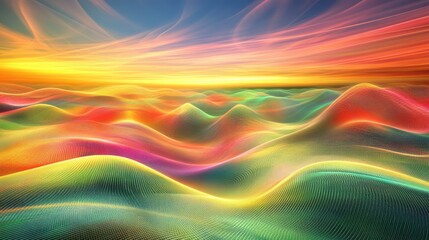 Abstract digital landscape with glowing gridlines and vibrant, futuristic color schemes.