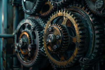 Closeup view of interlocking industrial gears transmitting power in a vintage factory setting