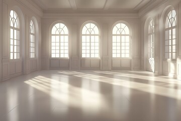 Fototapeta premium A clean, empty white room with large windows letting in abundant natural light, creating a bright and serene atmosphere with soft shadows on the glossy floor.