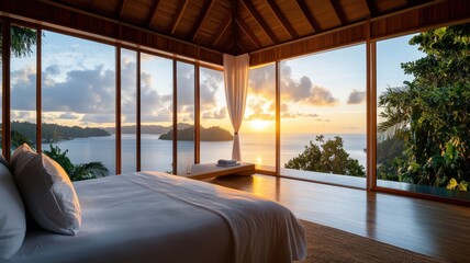 Fototapeta premium A luxurious villa with floor-to-ceiling windows offers breathtaking views and exquisite modern living.