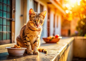 Fototapeta na wymiar Indian Stray Cat Enjoying Sunny Lunch on Porch - High-Resolution Stock Photo