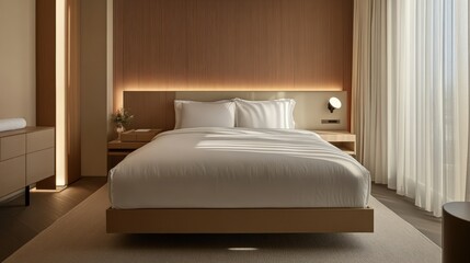 A modern bedroom with a platform bed, soft linens, and a minimalist nightstand.
