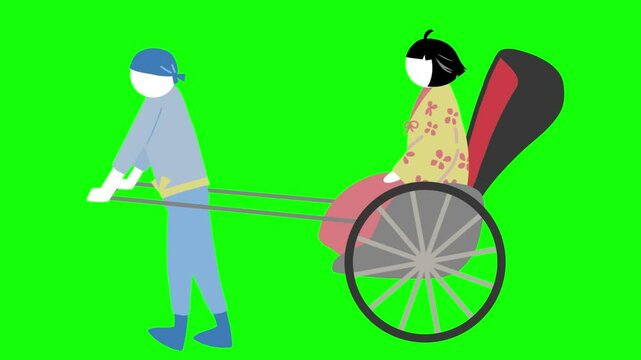 着物を着た女性が乗る日本の伝統的な人力車のイラスト動画素材