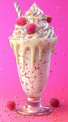 Decadent White Chocolate Raspberry Milkshake with Whipped Cream and Sprinkles