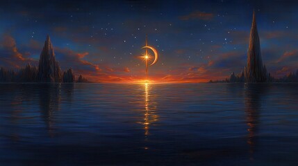 A mystical sunset over a tranquil sea with unique rock formations and a celestial alignment. Ideal for fantasy book covers or music album art.