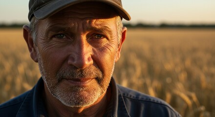 The Farmer's Gaze: A weathered face, etched with the stories of a life spent cultivating the land, gazes intently into the camera. The setting sun casts a golden hue on a field of wheat.