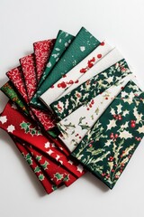 Fototapeta premium Colorful Christmas-themed napkins featuring holly and festive patterns, perfect for holiday gatherings.