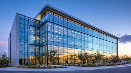 A modern office building with a glass facade and a sleek lobby.