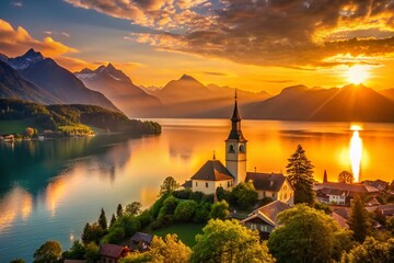 Fototapeta premium Iseltwald Switzerland Silhouette Photography: Stunning Lake Thun Sunset