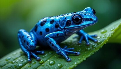 Azure Poison Dart Frog on a Dew-Kissed Leaf 