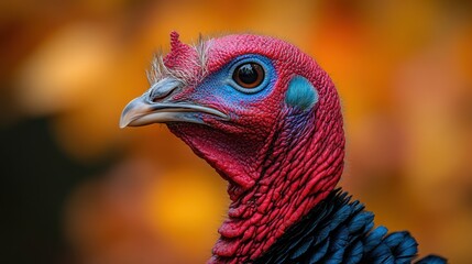 Close-up portrait of a wild turkey's head and neck against a blurred autumn background.