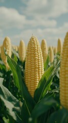 A cinematic 8K close-up of vibrant corn against a backdrop of a clear sky, showcasing detailed textures with soft, natural lighting.