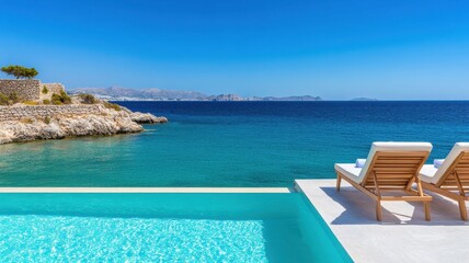 Fototapeta premium Relaxing on a sunbed on the sundeck of a luxury beach hotel with stunning ocean views and gentle breezes.