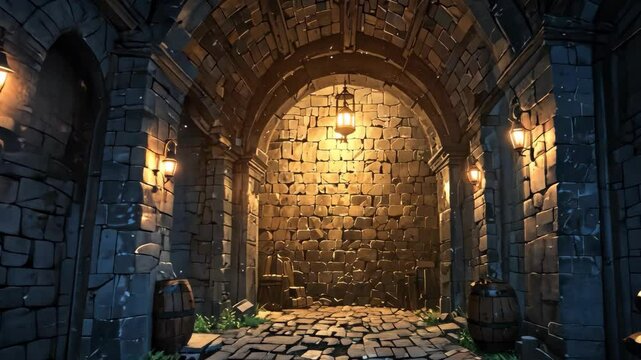 Video footage of dimly lit stone dungeon corridor with arched ceilings, illuminated by wall mounted torches, and barrels on either side, creating a medieval atmosphere