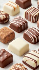 A delectable assortment of gourmet chocolates, featuring a variety of flavors and decorative designs, presented on a light surface.