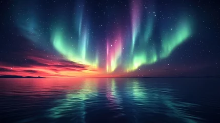 Fotobehang Colorful aurora borealis reflected in calm water at sunset. © TITISCAHYA