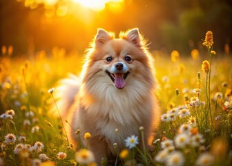 Obraz premium Joyful Pomeranian Dog in Vibrant Summer Meadow Landscape