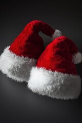 Two festive red and white Christmas hats with fluffy trim, symbolizing holiday cheer.