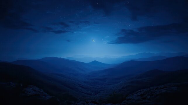 Dark blue mountain range at night under a crescent moon. Ideal for desktop backgrounds or nature-themed projects.