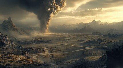 A barren volcanic landscape with a single plume of steam rising into the air.