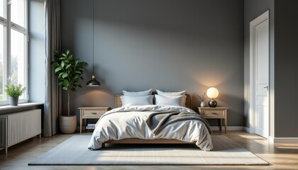 A chic gray studio room with modern lighting offers a clean and minimalistic setting.