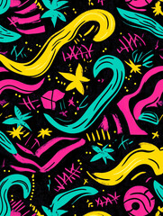 Abstract colorful pattern in turquoise, pink, yellow on black background