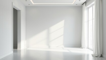 Fototapeta premium A contemporary white studio room with soft lighting creates a sleek and serene backdrop.