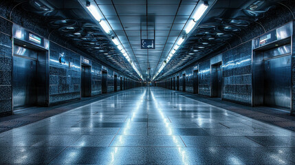 Fototapeta premium Dimly Lit Subway Station at Night with Echoing Silence and Empty Platforms