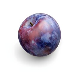 A realistic photograph of an entire purple plum, isolated on a white background with no shadows. The fruit is smooth and shiny, with dark blue to violet hues, and visible skin details like texture 