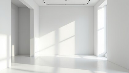Fototapeta premium A contemporary white studio room with soft lighting creates a sleek and serene backdrop.