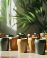 Colorful ceramic cups in yellow and green, arranged on a wooden surface with lush green plants in the background.