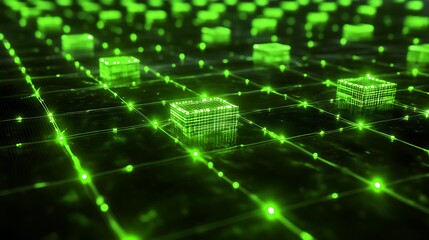 Green Cubes Illuminate a Digital Network Grid